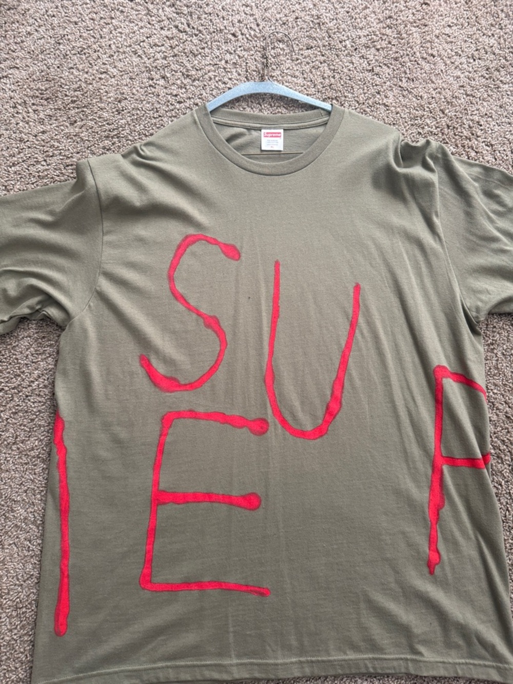 Supreme Olive Tee with Red Handwritten Graphic